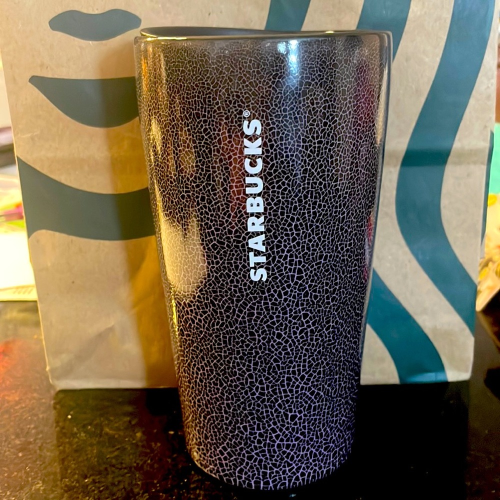 Starbucks BNWT Ceramic 12 oz Deep Purple and lavender crackle finish tumbler.